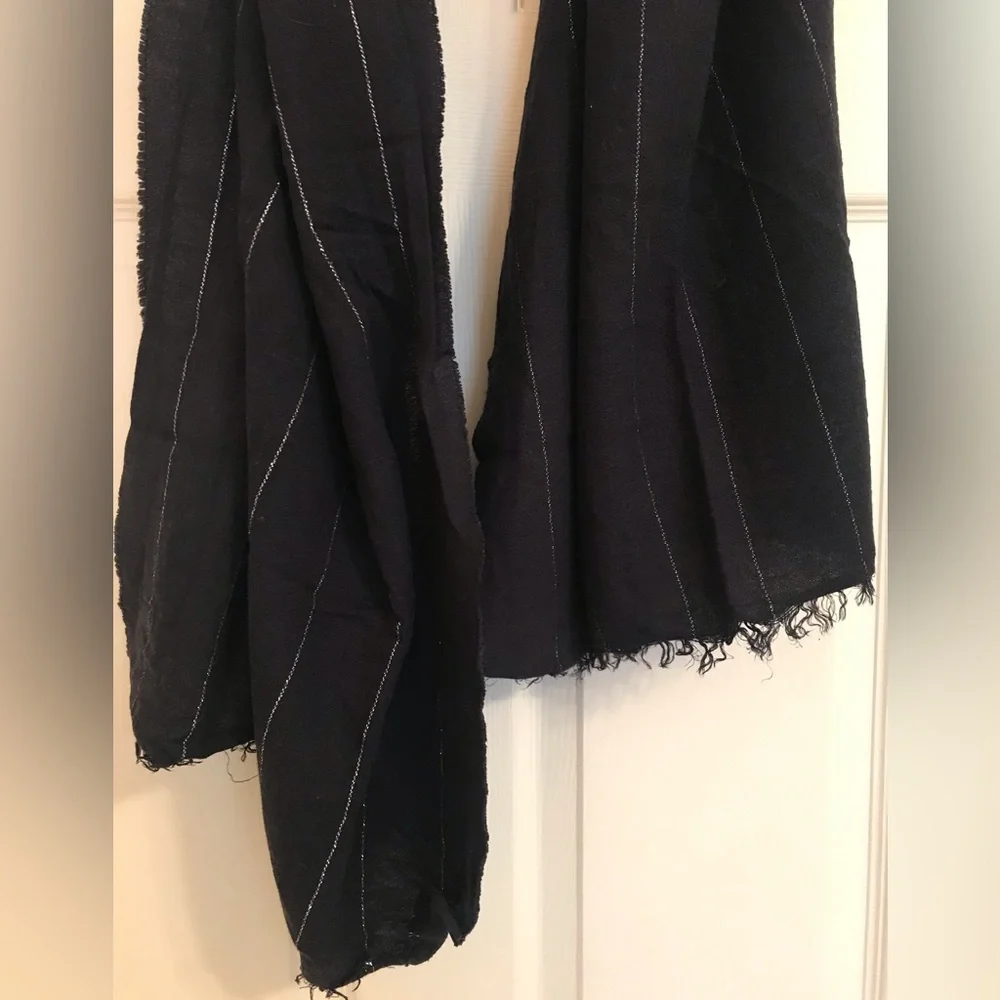 J.Crew Navy Blue Scarf with Silver Stripes & Fringe Made in Italy Italian Scarf - Picture 3 of 3